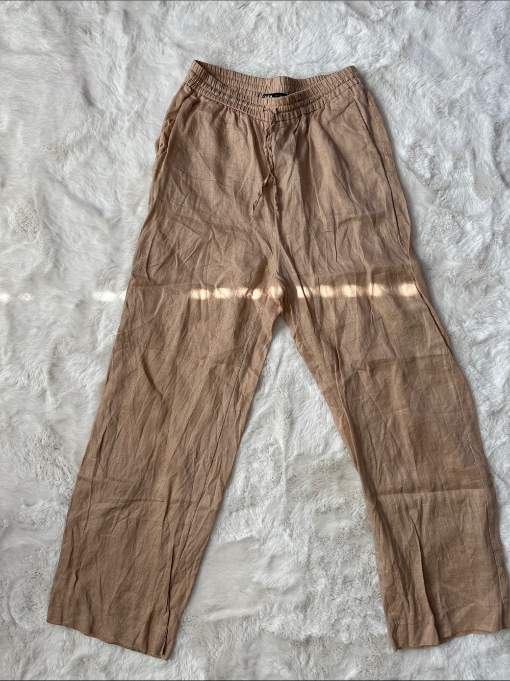 Zara Light Tan Linen-Blend Drawstring Chinos